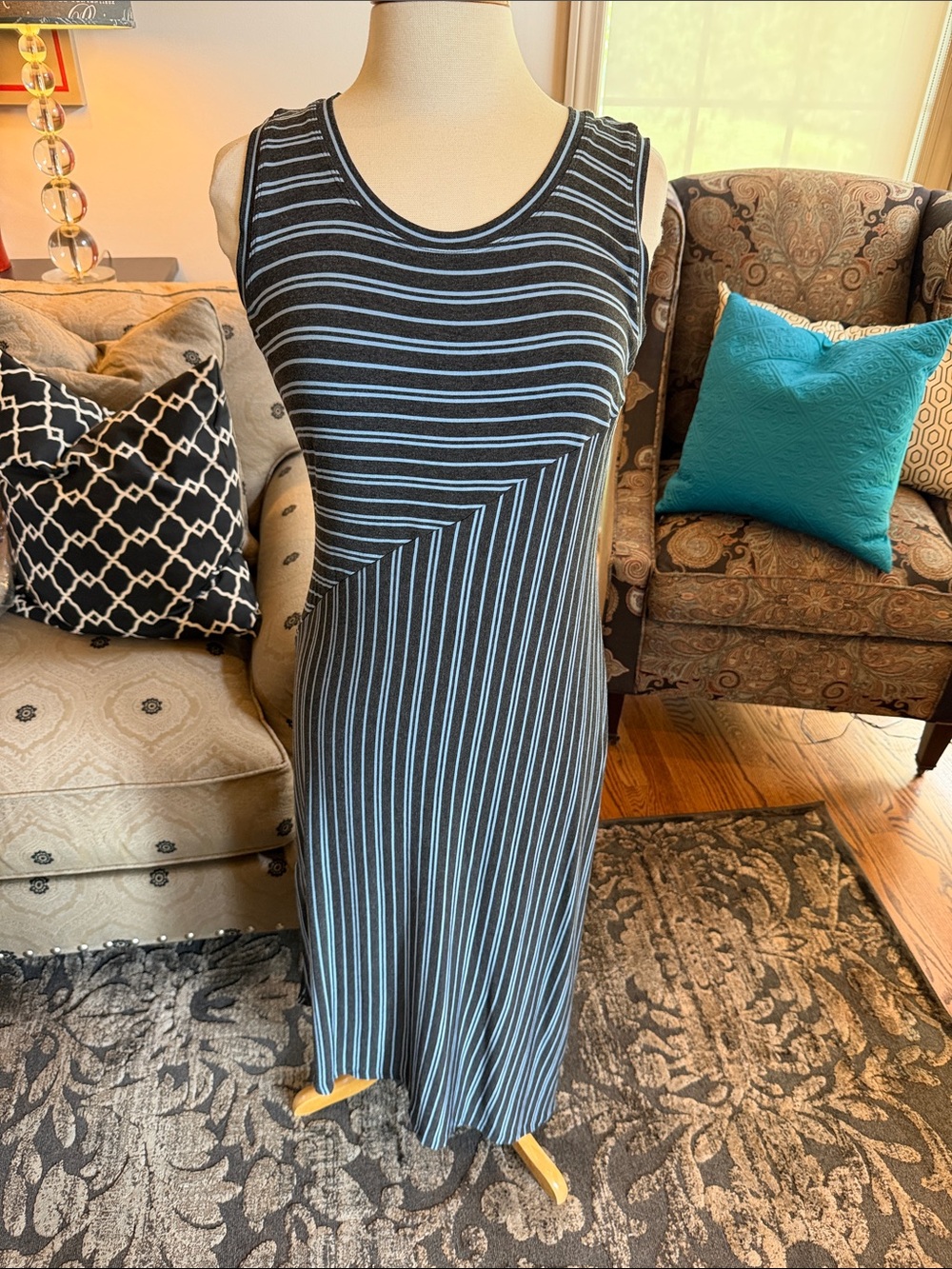 Cabi Sleeveless grey & Light Blue Striped Maxi Dress#5796